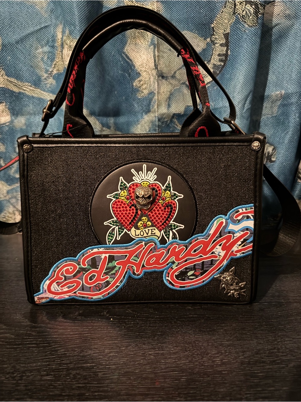 Ed Hardy Black Satchel with Red & Blue Logo Patch